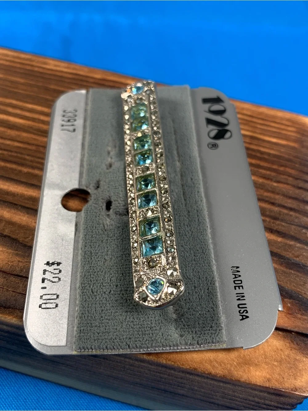 Vintage 1928 Silver Bar Blue Stone Marcasite Pin Brooch Art Deco Revival